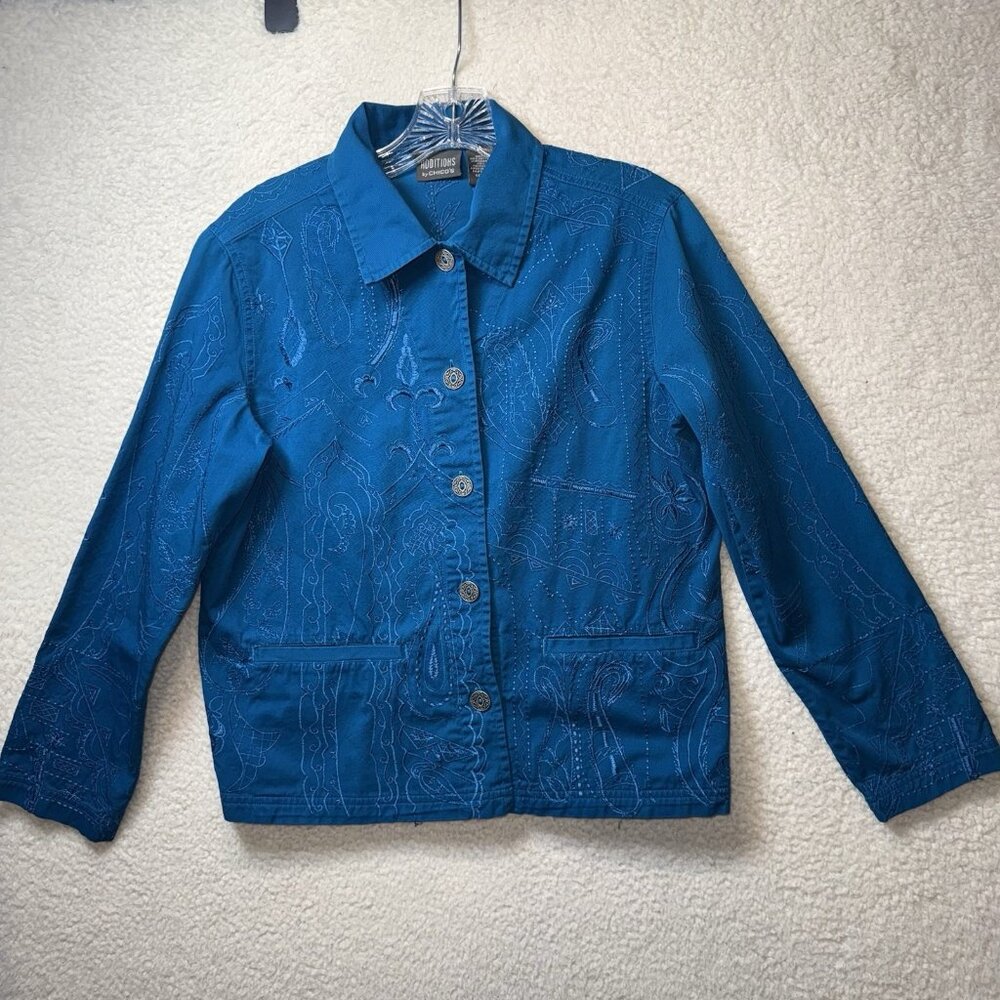 Chico's Additions Bright Blue Embroidered Jacket Women's Size 0 Small Cotton